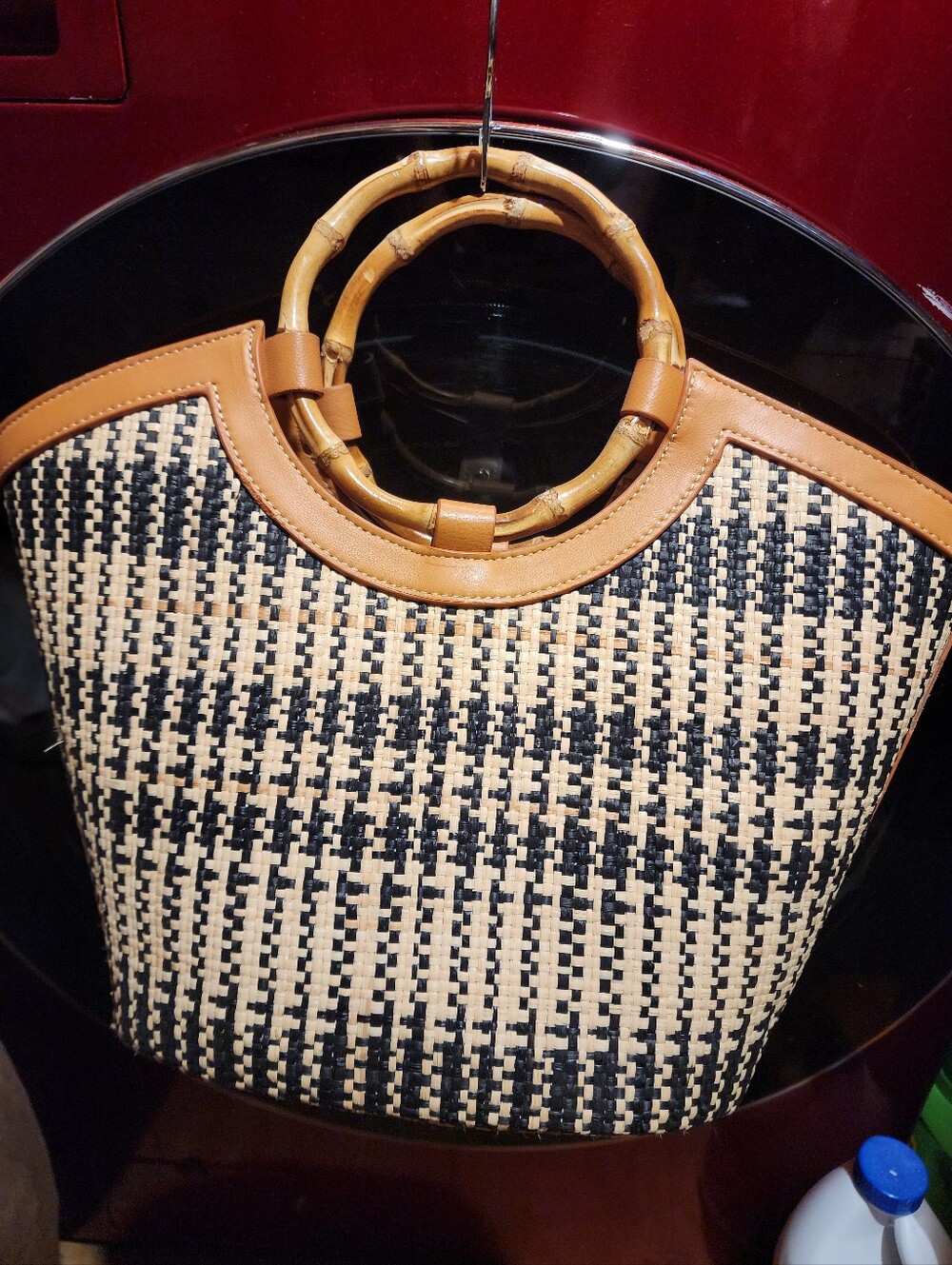 J McLaughlin Woven Straw Tote with Tan Leather Trim